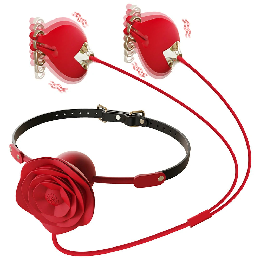SweetRose - Rose Ball Gag with Leash & Vibrating Nipple Clamps Pumpy Joy SweetRose - Rose Ball Gag with Leash & Vibrating Nipple Clamps Pumpy Joy