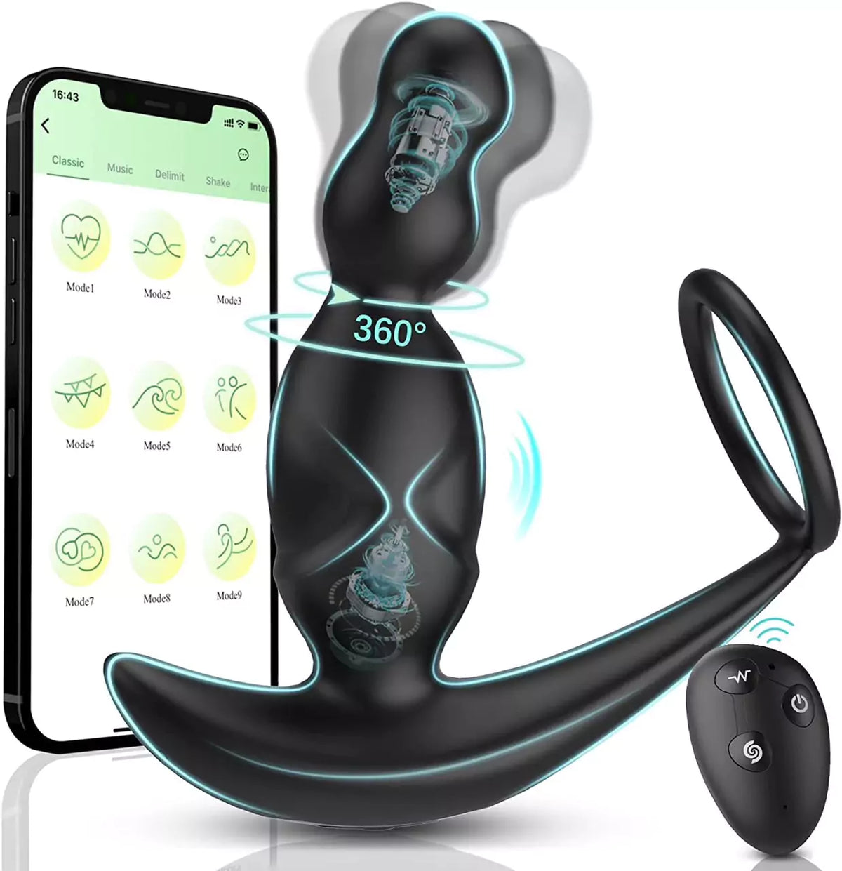 APP Control 5IN1 360° Rotating Prostate Massager with 4 Anal Plug Beads